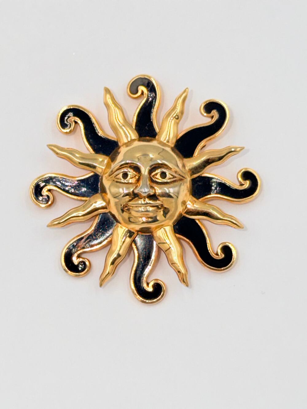 Vintage Gold Plated Enameled Celestial Sun Face Pin Brooch